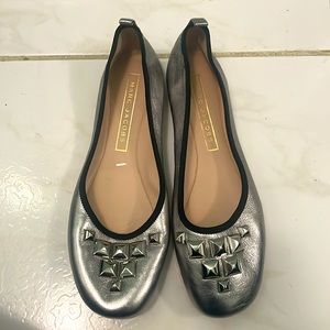 Marc Jacobs Women's Cleo Silver and Black Leather Ballet Studded Shoes  Size 9